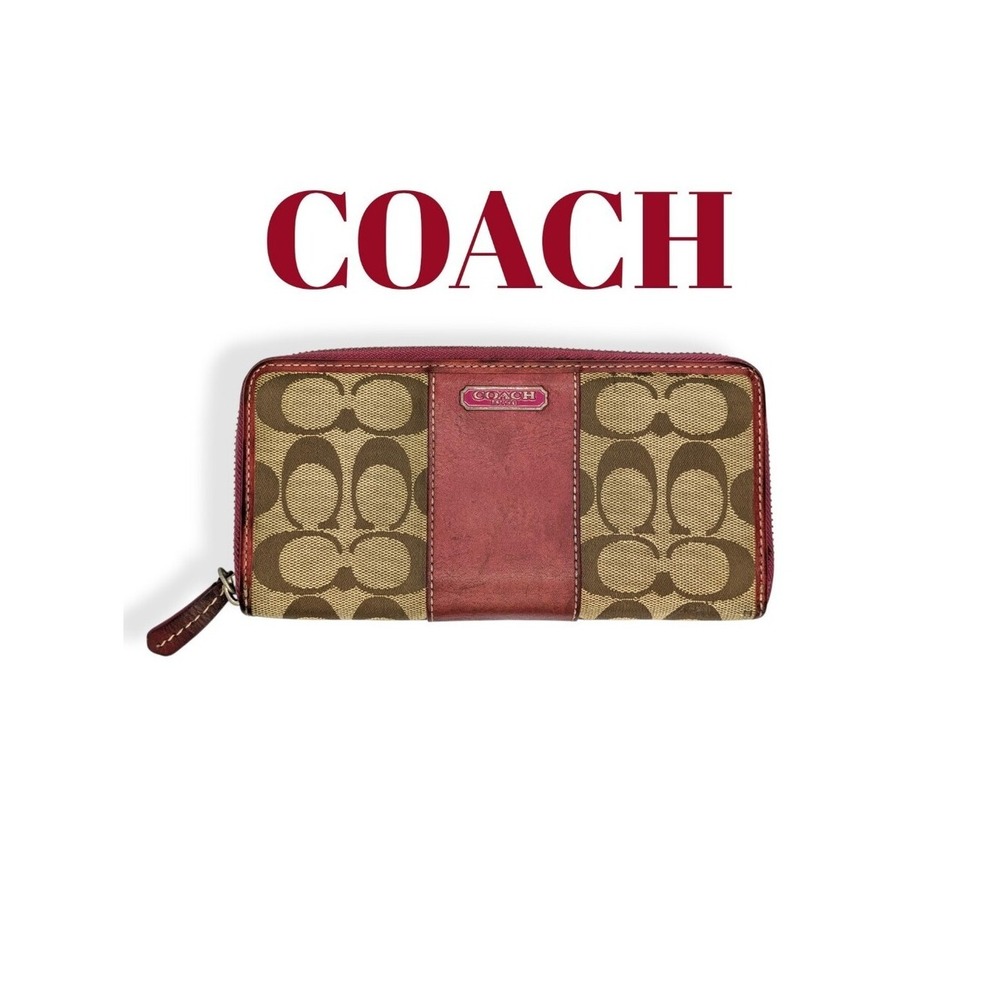 Coach Signature Canvas & Leather Wallet Burgundy Leather Zip Around Continental